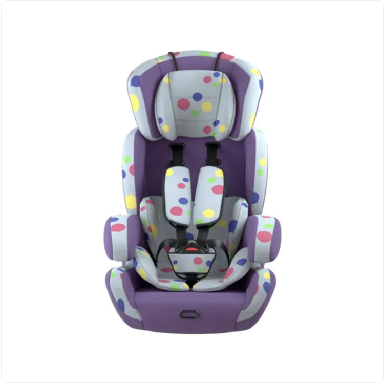 Purple child car seat with colorful polka dots and five-point harness