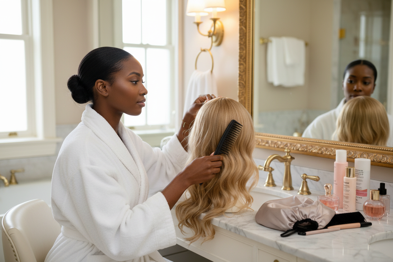 Black woman combing her wig in the mirror