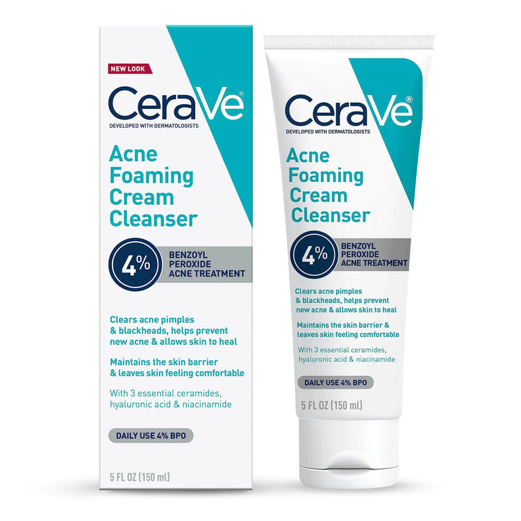 CeraVe Acne Foaming Cream Cleanser 4% Benzoyl Peroxide Face Wash With Hyaluronic Acid Niacinamide & Ceramides Gentle Daily Acne Treatment For Face GLOWLAB