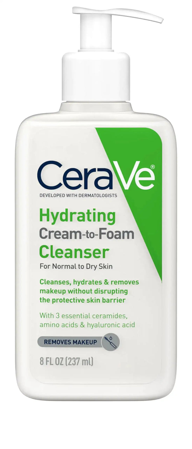 CeraVe Hydrating Cream To Foam Cleanser Makeup Remover Face Wash For Dry Skin Foaming Facial Cleanser With Hyaluronic Acid Normal To Dry Skin Fragrance Free & Non Comedogenic 8 Fluid Ounces GLOWLAB