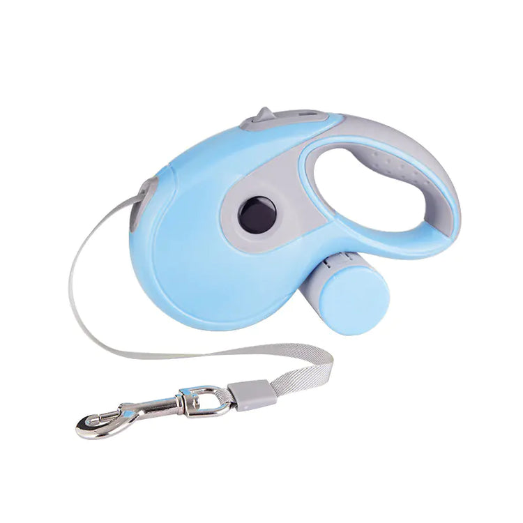 Blue retractable dog leash with waste bag holder and metal clasp on white background