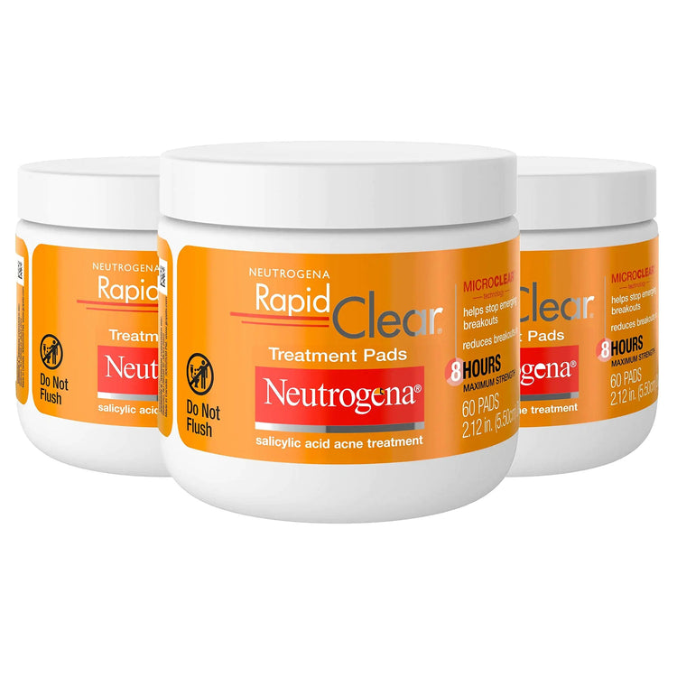 Neutrogena Rapid Clear Maximum Strength Acne Face Pads with 2% Salicylic Acid Acne Medication to Help Fight Breakouts Oil-Free Facial Cleansing Pads for Acne-Prone Skin 60 ct Pack of 3 GLOWLAB