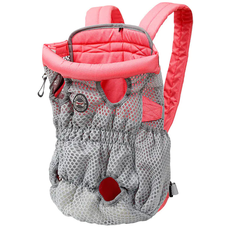 Gray and pink mesh pet carrier backpack with padded shoulder straps