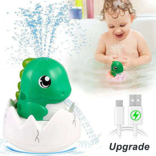 Baby playing with green dinosaur bath toy that sprays water, USB charging, upgrade version
