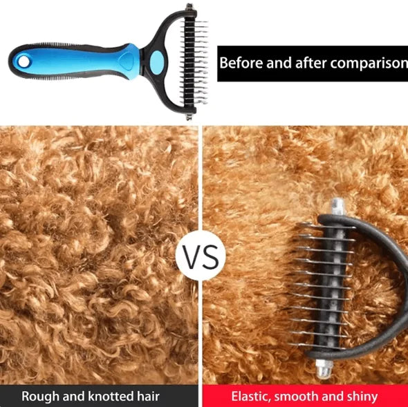 Pet grooming dematting comb before and after on curly dog hair, shows tool and results