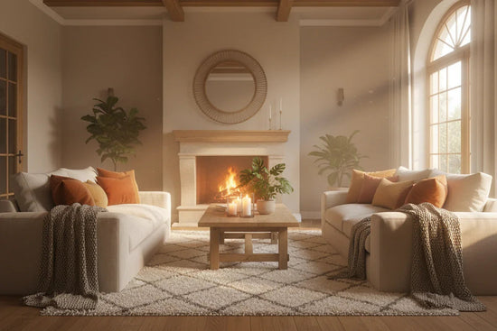 Cozy living room with beige sofas, fireplace, candles, natural light, and houseplants