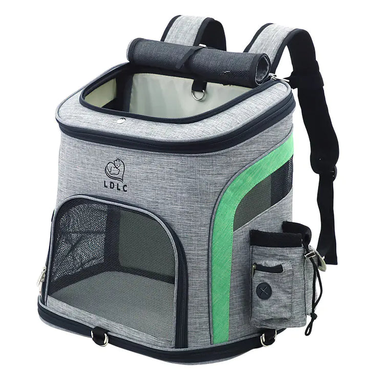 Gray and green pet carrier backpack with mesh windows and LDLC logo, travel pet bag