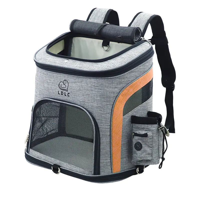 Gray and orange pet backpack carrier with mesh windows and side pocket