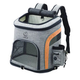 Gray and orange pet backpack carrier with mesh windows and side pocket