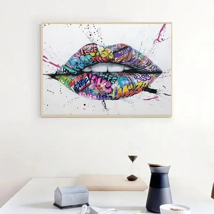Colorful graffiti lips wall art in modern dining room with white decor.