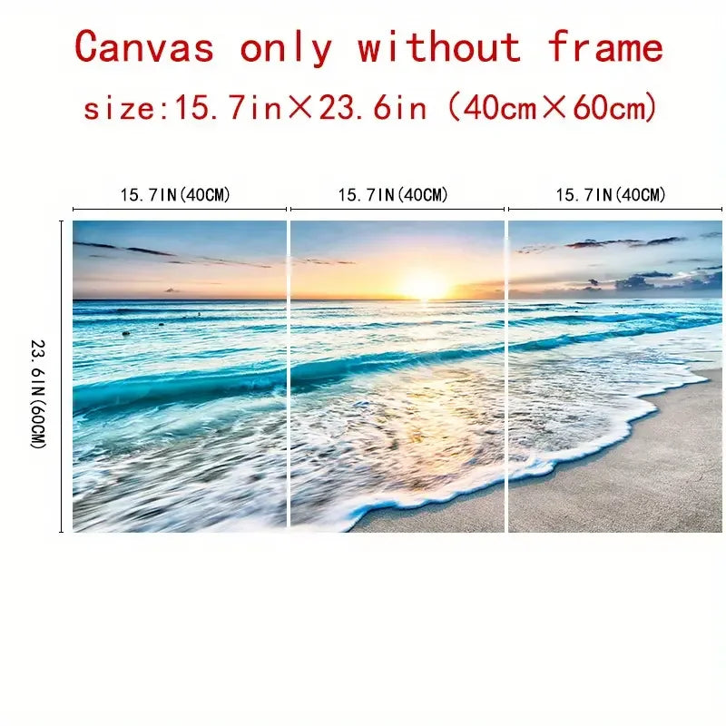 Three-panel beach sunset canvas wall art, 40x60cm, no frame included