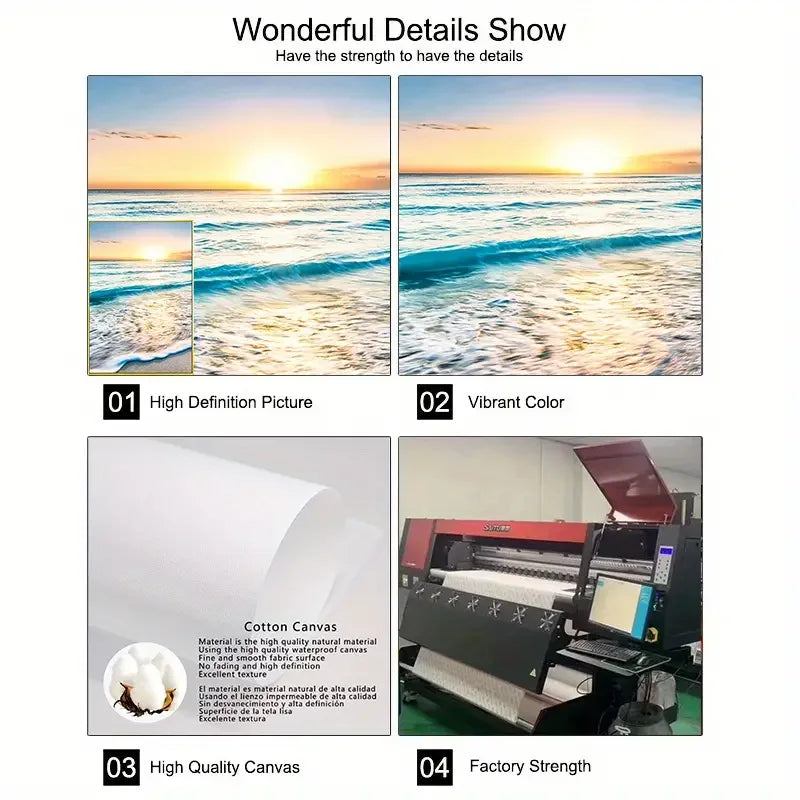 High definition ocean sunset print, vibrant colors, cotton canvas, industrial printer