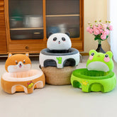 Cute animal-themed plush baby seats shaped like a dog, panda, and frog in a cozy room.