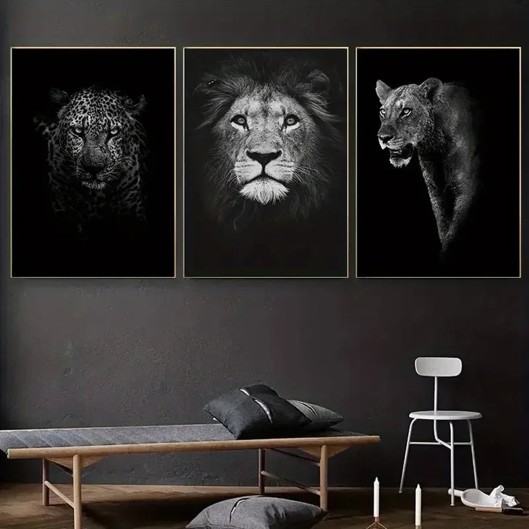 Modern living room with dark walls, showcasing leopard, lion, and lioness wall art prints.