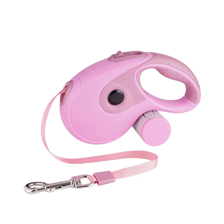 Pink retractable dog leash with handle and metal clip, pet walking accessory