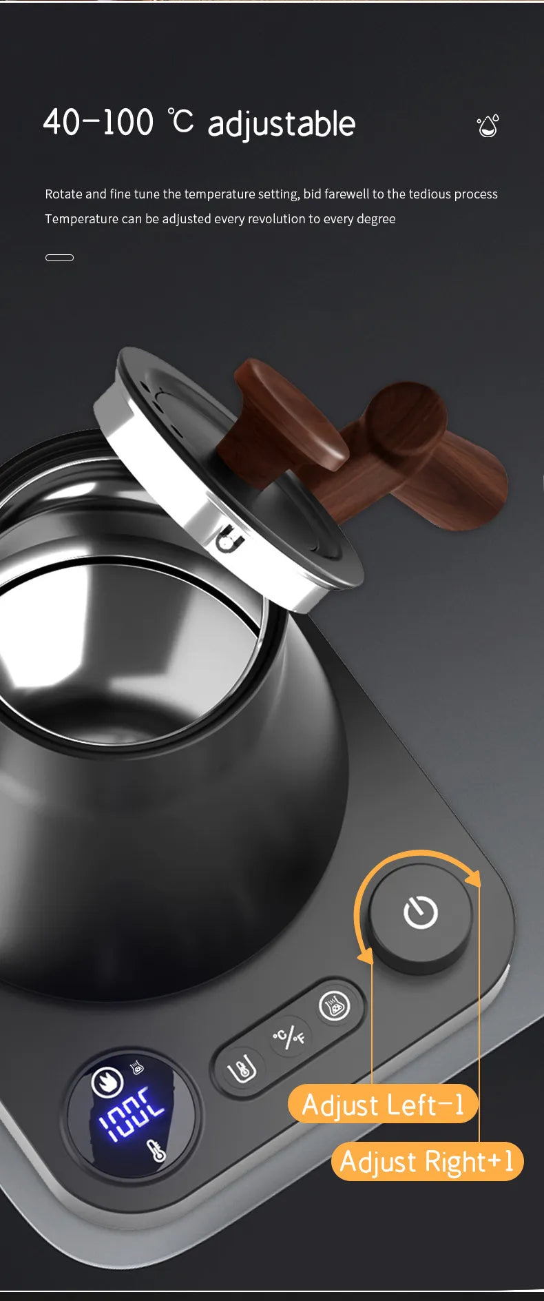 Electric kettle with wooden handle, adjustable temperature control 40-100°C, digital display