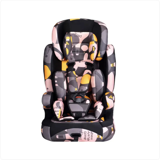 Patterned child car seat with colorful pink, gray, and yellow abstract design