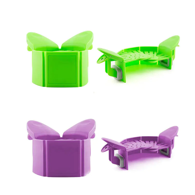Green and purple plastic pot strainers with butterfly wing handles, shown front and side