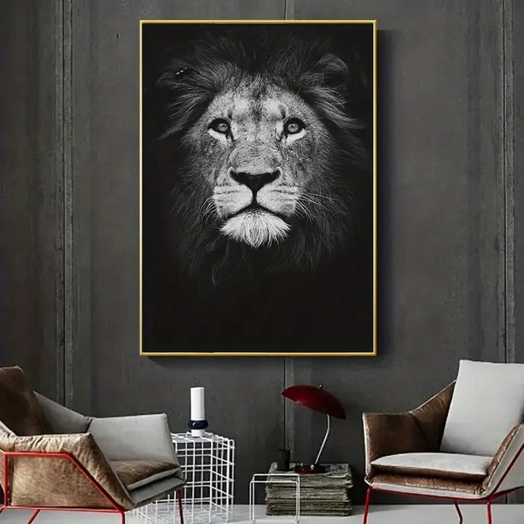 Modern living room with black and white lion portrait wall art, velvet chairs, accent table