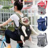 Woman cycling with French Bulldog in pet backpack carrier, three colors shown