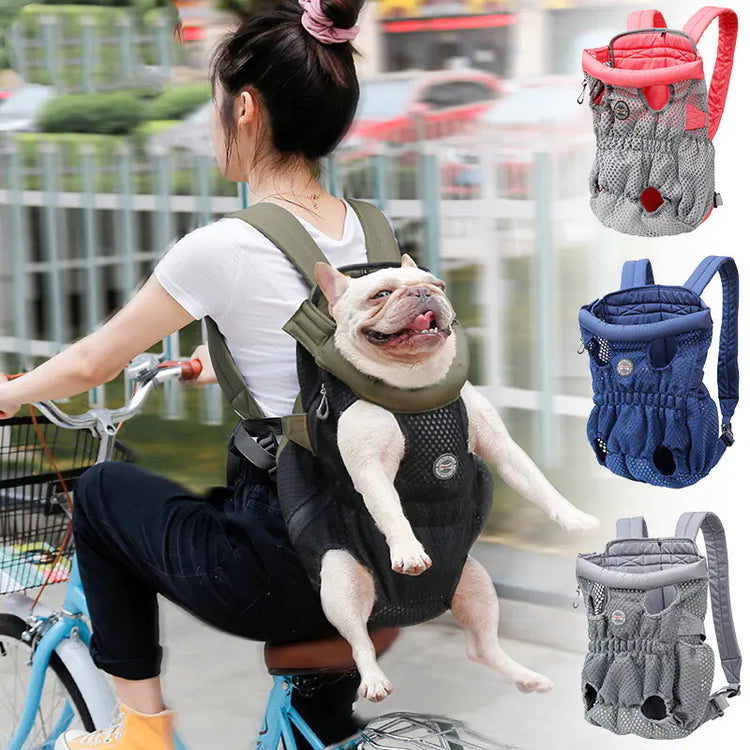 Woman cycling with French Bulldog in pet backpack carrier, three colors shown