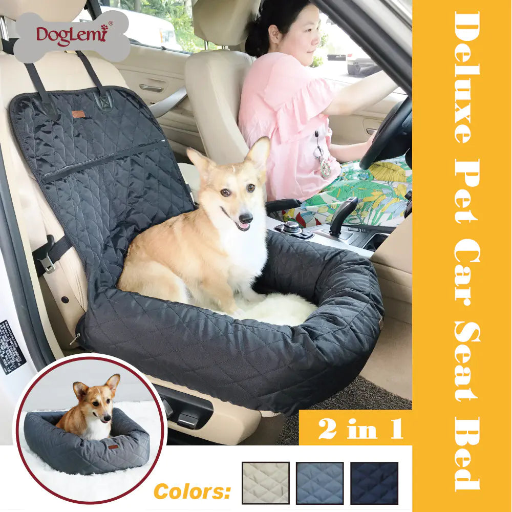 Corgi on DogLemi deluxe pet car seat bed in car with driver, 2 in 1 gray dog travel bed