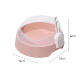 Pink plastic cat litter box with scoop, high sides, and dimensions 52x52x22cm