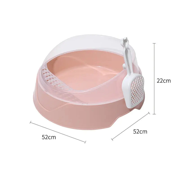 Pink plastic cat litter box with scoop, high sides, and dimensions 52x52x22cm