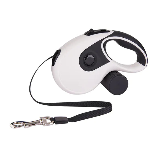 Retractable dog leash with waste bag holder, black and white plastic design
