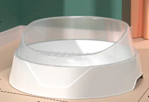 White cat litter box with high transparent shield in a modern room