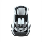 Gray and black convertible child car seat with harness on white background