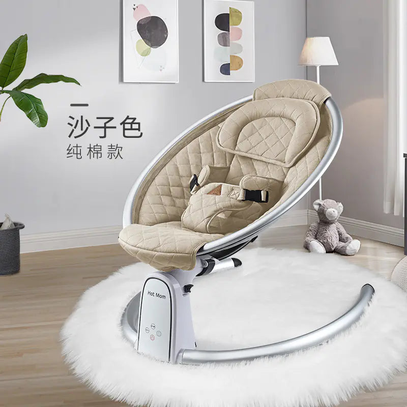 Beige baby rocker chair with harness in modern nursery, plush rug, and soft lighting