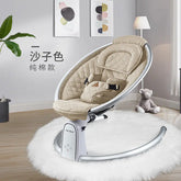Beige baby rocker chair with harness in modern nursery, plush rug, and soft lighting