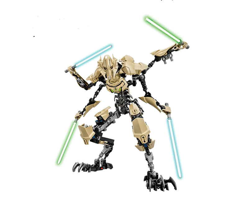 LEGO robotic figure with four arms holding lightsabers on white background