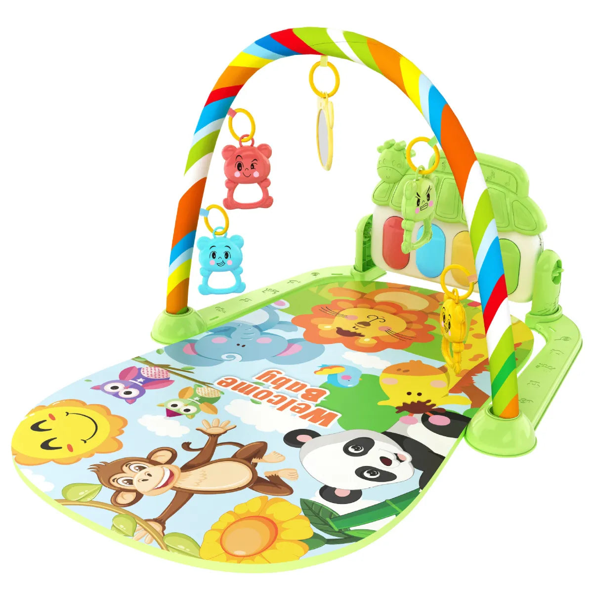 Colorful baby play gym mat with animal prints, hanging toys, and rainbow arches