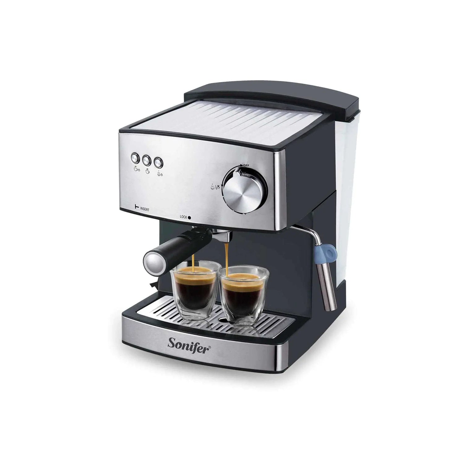 Sonifer espresso coffee machine brewing two cups on a white background
