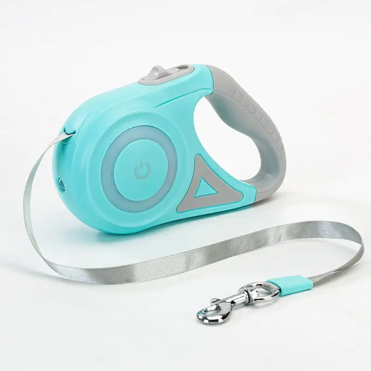 Blue retractable dog leash with gray handle and reflective tape on white background