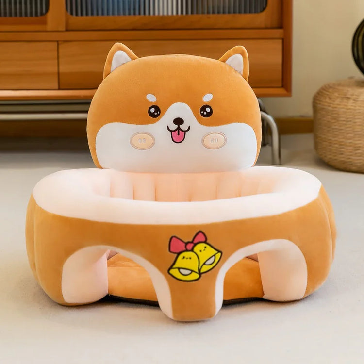 Plush Shiba Inu dog kids chair with yellow bells, soft seating, living room setting