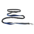 Black and blue bungee dog leash with adjustable handle and metal clip on white background