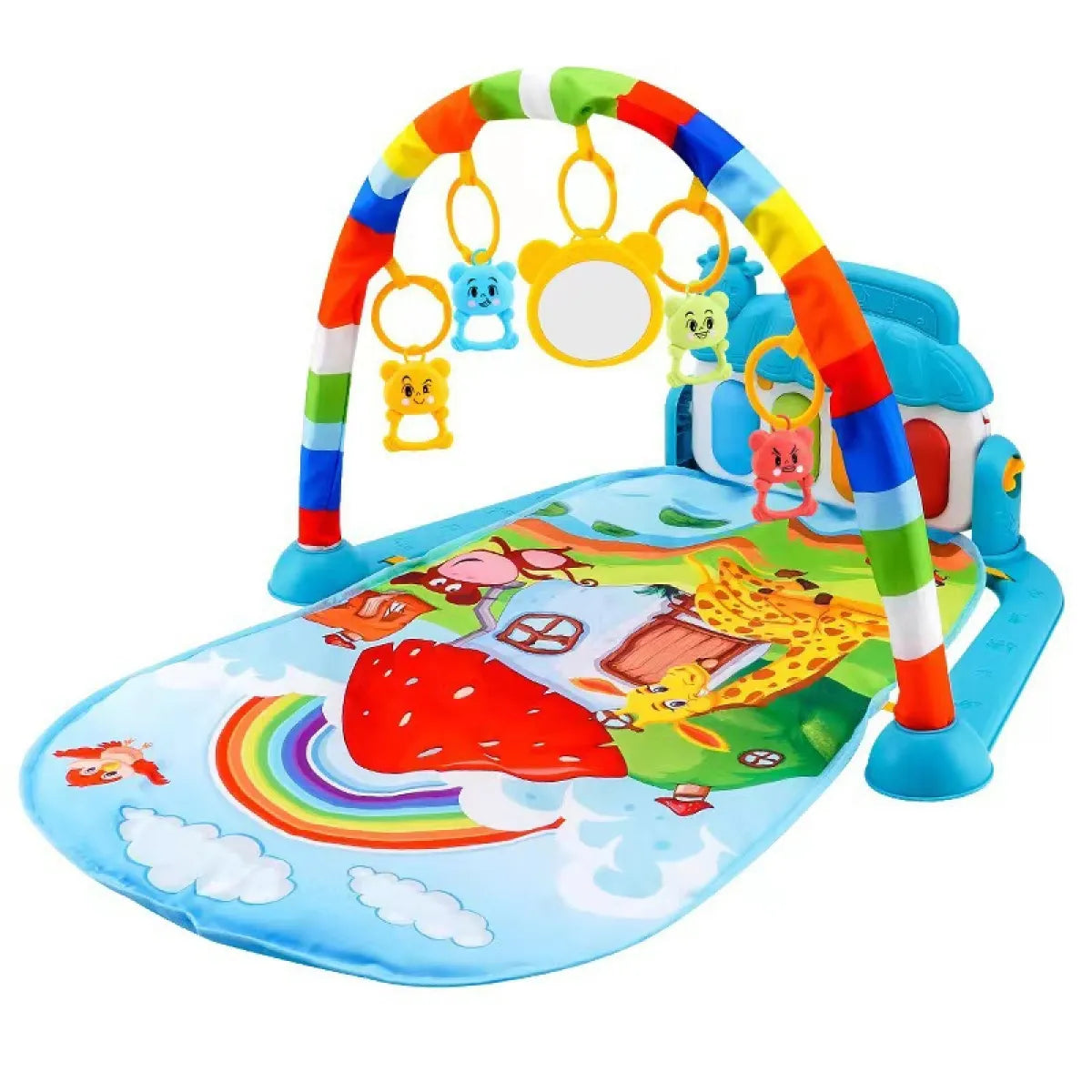 Colorful baby play mat with hanging animal toys and a rainbow pattern