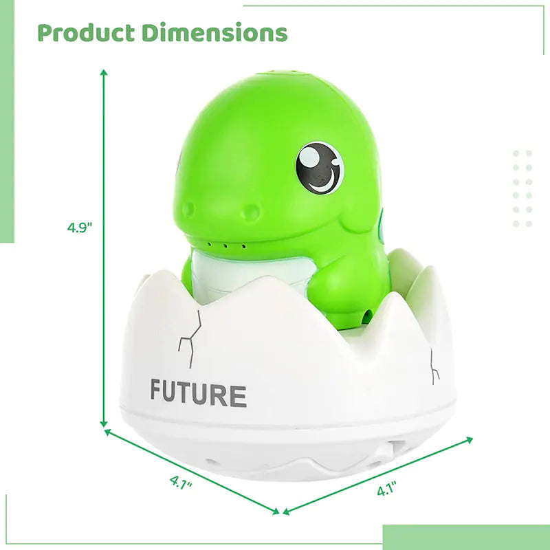 Cute green dinosaur toy in an egg shell, labeled FUTURE, with product dimensions 4.9x4.1 inches
