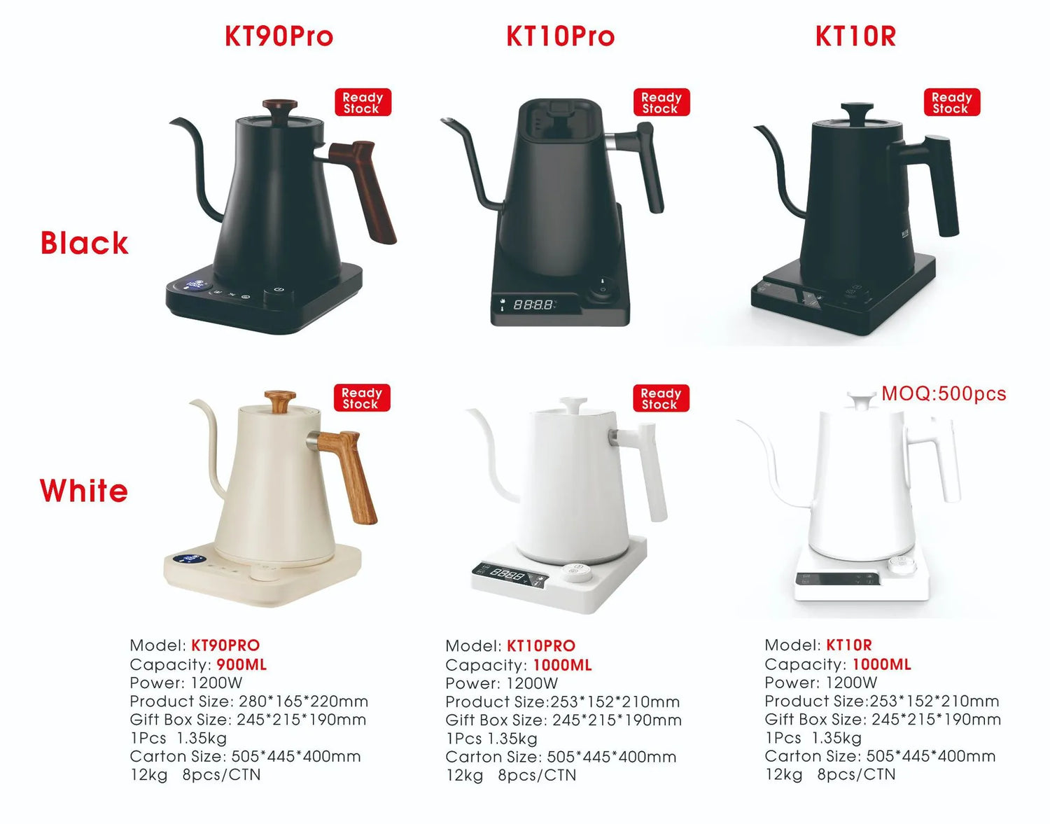 Electric gooseneck kettle models KT90Pro, KT10Pro, KT10R in black and white, on heated bases