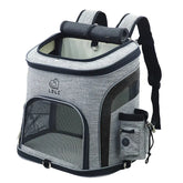 Gray pet carrier backpack with mesh windows, front pocket, and padded straps