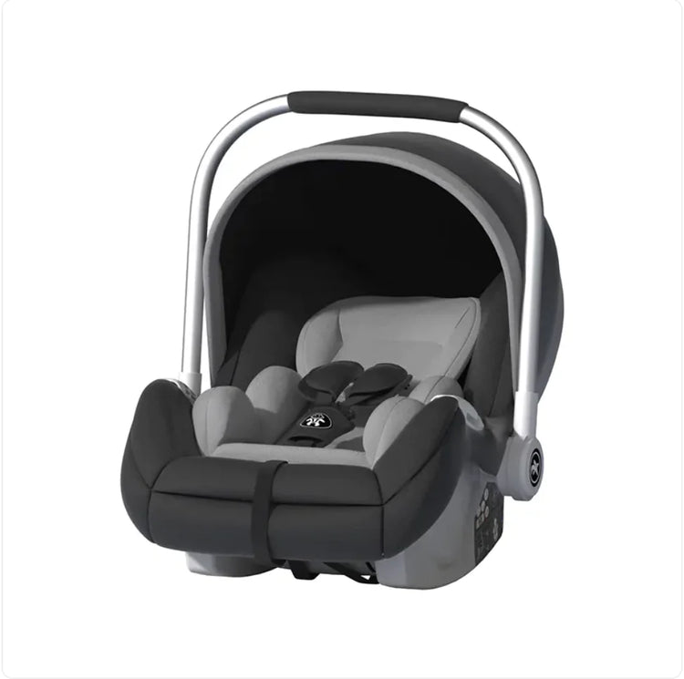 Modern black and gray infant car seat with canopy and carrying handle on white background