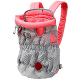 Gray and pink mesh pet carrier backpack with padded straps and leg openings