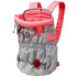 Gray and pink mesh pet carrier backpack with padded straps and leg openings