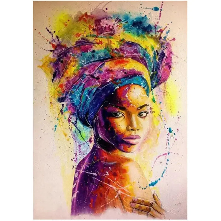 Vibrant watercolor portrait of a woman with colorful headwrap and abstract splashes