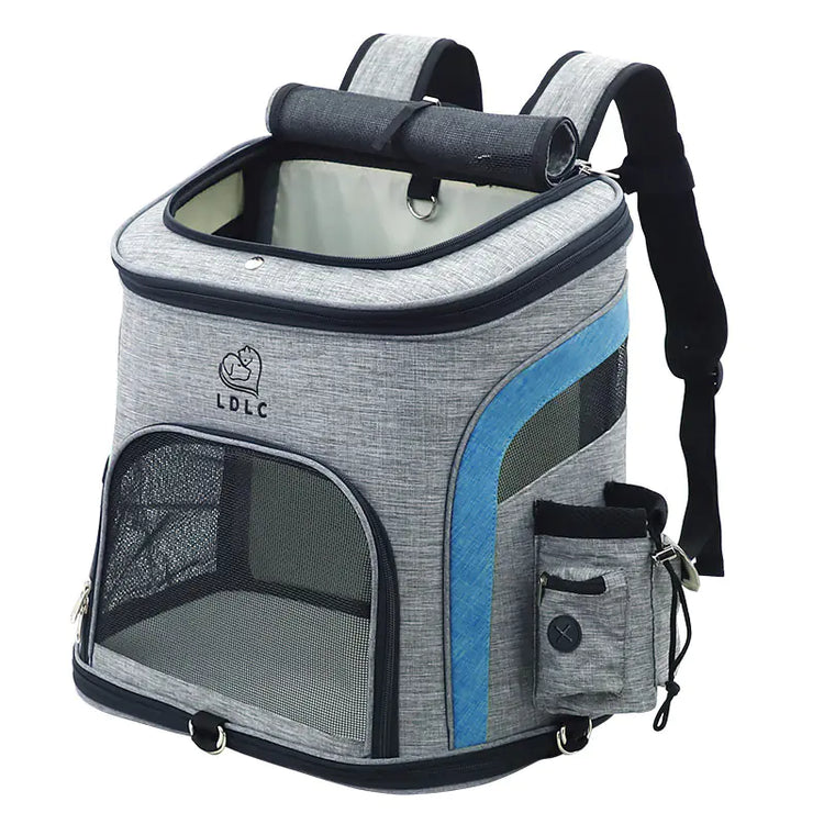Gray pet carrier backpack with mesh windows and blue accent, suitable for cats or small dogs