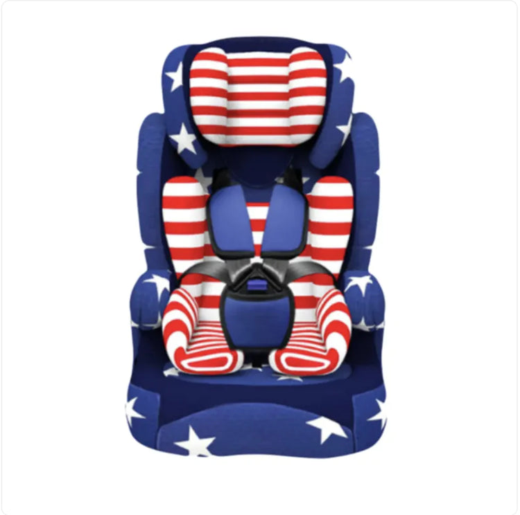 Patriotic child car seat with red and white stripes, blue background, and white stars pattern