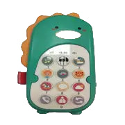Green dinosaur toy phone for kids with colorful buttons on white background